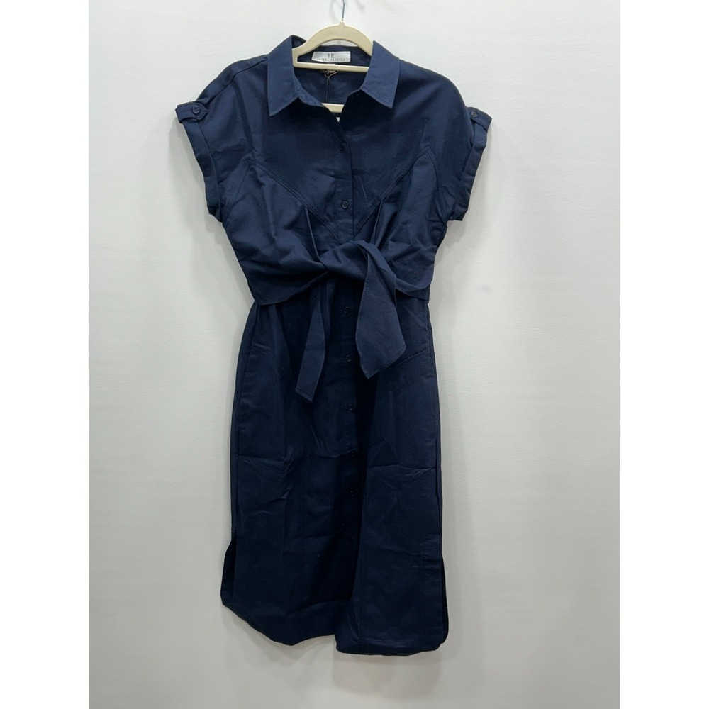 NWT Rachel Parcell Womens Blue‎ Collared Linen Blend Tie Front Midi Dress Size S